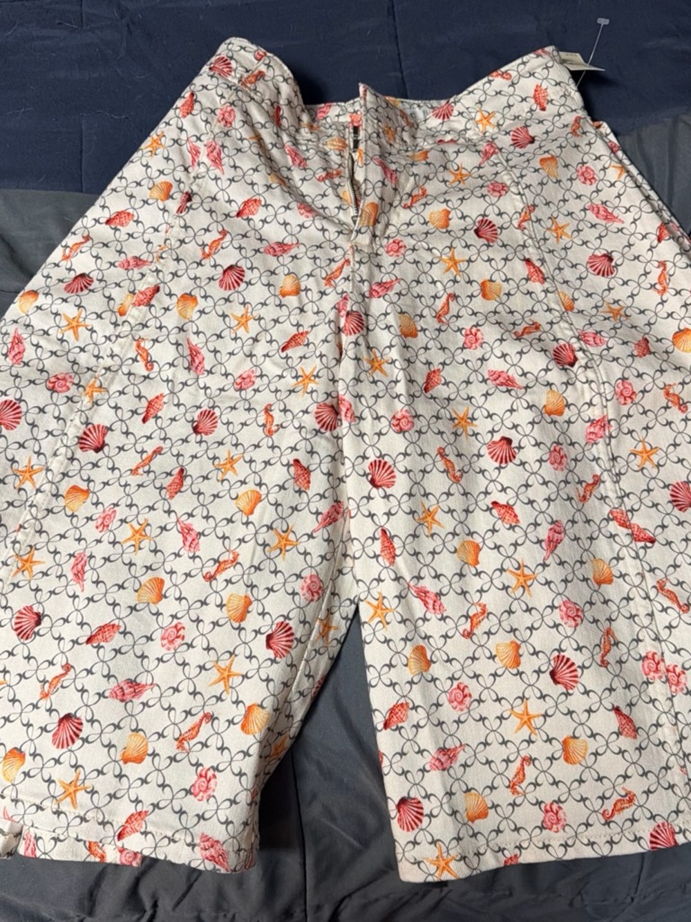 Maeve White Bermuda Pants with Orange and Pink Seashell Print